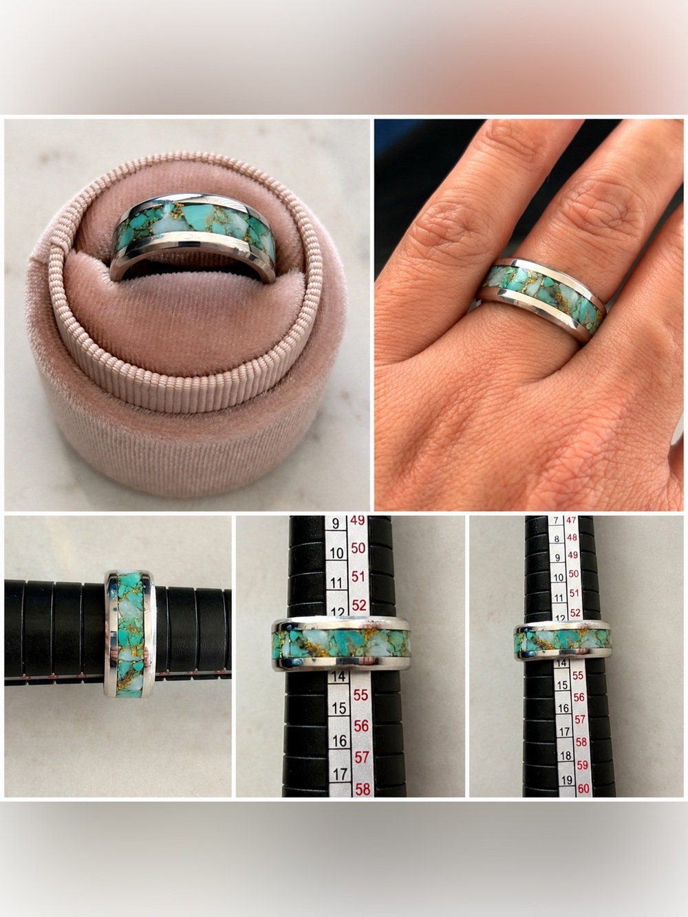 Custom genuine Turquoise & Larimar Tungsten Ring w/ 24K Gold Inlay | Size 6.75